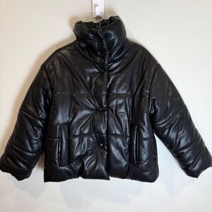 Nanushka Black Vegan Leather Puffer Jacket Snap Front Size S NWOT